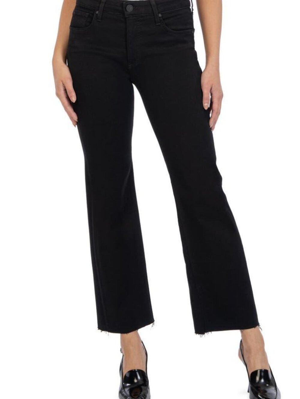 KUT from the Kloth Kelsey Ankle Flare Jeans Black Raw Hem Mid Rise | US0